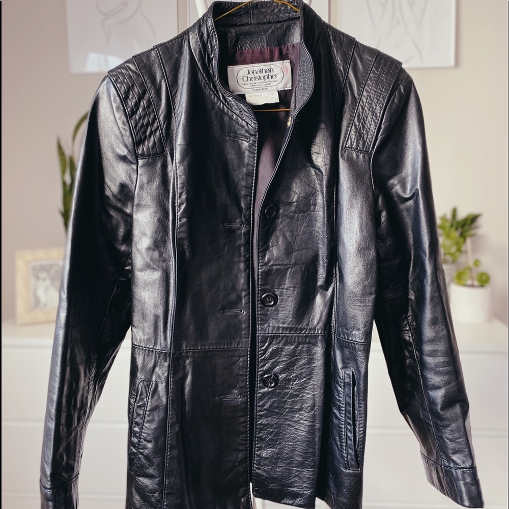 JONATHAN CHRISTOPHER Genuine Leather Vintage Mock Neck Blazer Jacket